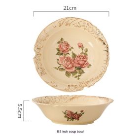 European-style Ceramic Tableware Household Rice Bowl Soup Bowl Bowl Dish & Plate Fruit Plate Dim Sum Plate (Option: Golden Rose Beige Soup Bowl)