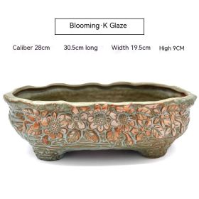 Succulent Flower Pot Shallow Mouth Oval Rectangular Large Diameter Platter Porcelain Simple Retro Stoneware (Option: Blooming Vintage Green-As Shown In The Figure)