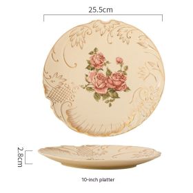 European-style Ceramic Tableware Household Rice Bowl Soup Bowl Bowl Dish & Plate Fruit Plate Dim Sum Plate (Option: Rose Beige Large Flat Plate)